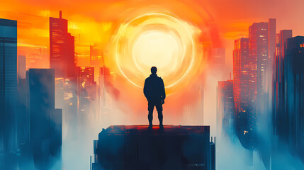 Man in the dystopian city standing on building looking at the distant light circles, vector illustration. Dystopian. Illustration