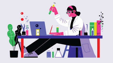 A flat illustration of a female scientist with glasses, in her laboratory white background,
