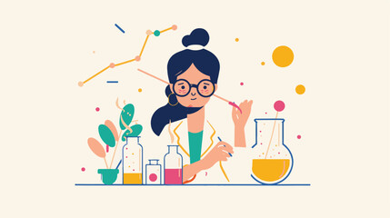 A flat illustration of a female scientist with glasses, in her laboratory white background,
