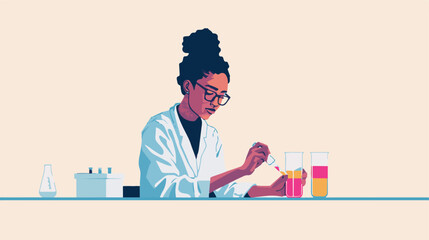 A flat illustration of a female scientist with glasses, in her laboratory white background,

