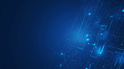 Obraz premium Blue background with digital connections and technology, featuring a blue gradient and white dots on a dark blue backdrop. Perfect as a technical web banner template for web design, computer science p
