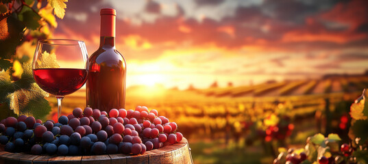 Red wine and grapes on a wooden barrel
