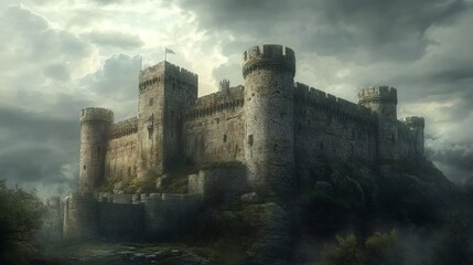 Fototapeta premium A medieval castle sits atop a hill with a stormy sky above.
