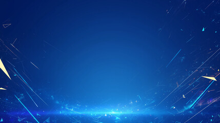 Fototapeta premium Dark blue background with complex light trajectories, glowing lines, and particles representing the AI era. Featuring sparkles, ray tracing, speed lines, vignetting, and a panoramic UHD composition to