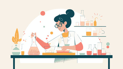 A flat illustration of a female scientist with glasses, in her laboratory white background,
