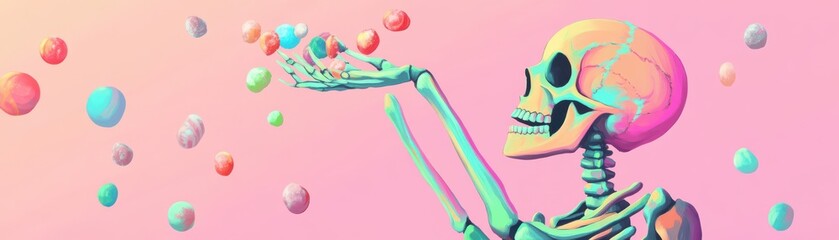 A colorful skeleton character playfully releasing vibrant bubbles against a pink backdrop, celebrating life and imagination.