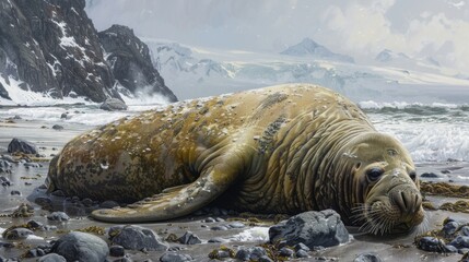 Naklejka premium Southern Elephant Seal Resting on Rocky Beach with Snowy Mountains in Background