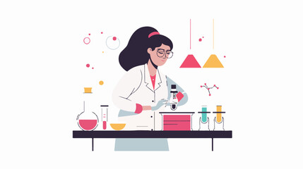 A flat illustration of a female scientist with glasses, in her laboratory white background,
