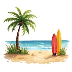 watercolor Tropical Beach Escape: Surfboards and Sand
