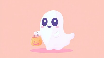 A cute cartoon ghost happily carries a Halloween pumpkin bucket against a soft pink background.
