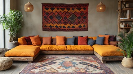 A serene bohemian living room where a rich, colorful tapestry hangs over the back of a cozy sofa, creating a focal point. The space is filled with natural wood furniture, woven decor, and warm,