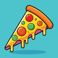 Colorful Cartoon Pizza Slice with Melting Cheese and Toppings, Playful Pizza Slice with Pepperoni and Melting Cheese in Cartoon Style