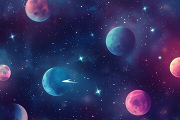 Naklejka premium Pattern of mystical celestial elements, such as moons, stars, and planets, in a dark, starry background. Incorporate subtle gradients and sparkles to enhance the cosmic theme 