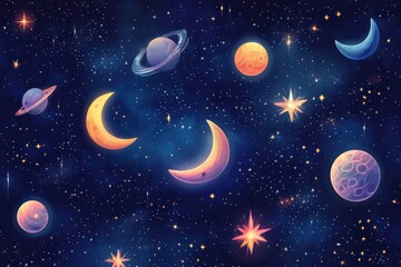 Naklejka premium Pattern of mystical celestial elements, such as moons, stars, and planets, in a dark, starry background. Incorporate subtle gradients and sparkles to enhance the cosmic theme 