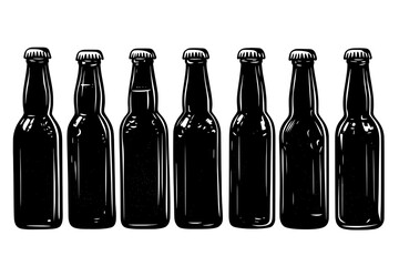 Collection of root beer bottles, lined up, each bottle slightly different in shape, vector illustration art