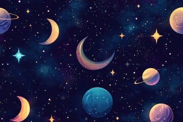 Fototapeta premium Pattern of mystical celestial elements, such as moons, stars, and planets, in a dark, starry background. 