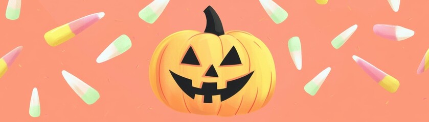 Fototapeta premium A festive Halloween pumpkin with a cheerful expression surrounded by colorful candy corn, perfect for seasonal decor.