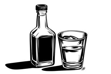 Shot glass filled with clear liquid next to a vodka bottle, vector illustration art