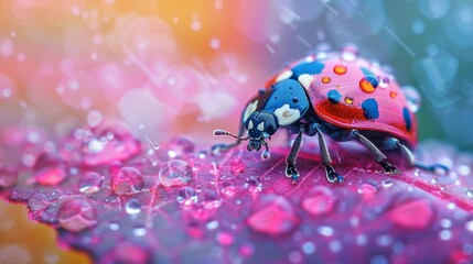 Fototapeta premium Ladybug on Pink Leaf with Rain Drops and Bokeh