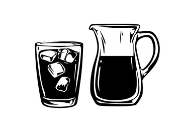 Glass of cold brew coffee with ice cubes on a wooden table, vector illustration art
