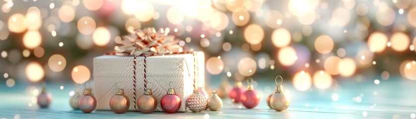 Fototapeta premium A beautifully wrapped gift surrounded by festive ornaments and soft glowing lights, perfect for holiday celebrations.