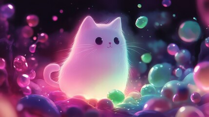 A glowing, whimsical cat surrounded by colorful bubbles, creating a magical and enchanting atmosphere.