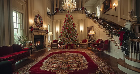 A beautiful home elegantly decorated for the holidays. Christmas. Generative AI.