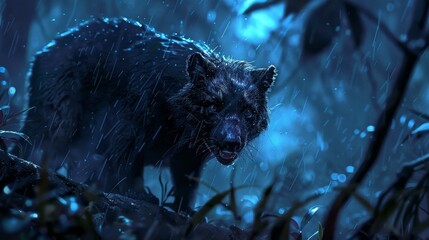Black Furry Animal in the Rain at Night