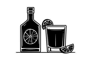 Rum bottle and filled glass with lime wedge garnish on rim, vector illustration art