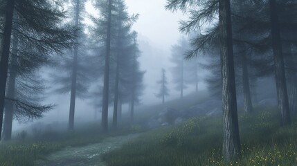 Obraz premium A misty forest path winds through tall pine trees with a few patches of yellow wildflowers.