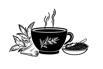 Steaming cup of adaptogenic blend, surrounded by a bowl of herbs and a napkin, vector illustration art