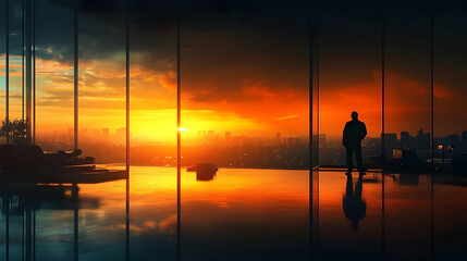 A silhouette of a person against a vibrant sunset in a modern setting.
