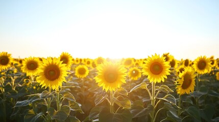 Obraz premium A field of sunflowers in bloom with the sun shining in the background.