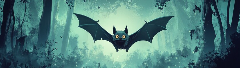 A mysterious bat flying through a dark forest, surrounded by fog and ethereal light, evoking a sense of adventure and intrigue.