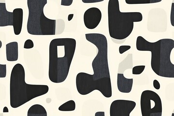 Pattern featuring modern, abstract shapes with a focus on negative space. Use a minimalistic color palette of black, white, and grey, with each shape arranged in a harmonious, balanced composition 