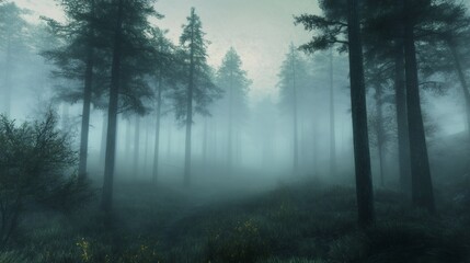 Fototapeta premium A misty forest path winds through tall trees, casting long shadows and creating an eerie atmosphere.