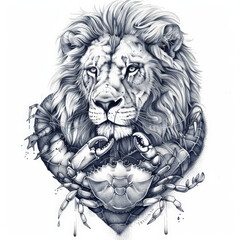 Obraz premium lion, crab, heart, vector, animal, head, lion, tattoo, cat, face, illustration, wild, art, logo, design, black, tribal, mammal, silhouette, predator, feline, symbol, power, drawing, mascot, wildlife, 