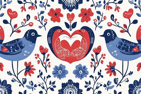 attern featuring Scandinavian-inspired folk art, with symmetrical designs of birds, flowers, and hearts. Use a limited color palette of red, blue, and white, with clean, bold lines