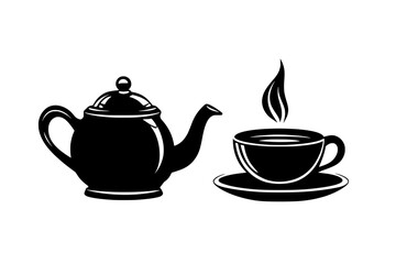 Ceramic teapot beside a teacup filled with a dark, steaming liquid, vector illustration art