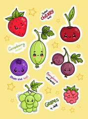 Cute fruit and berries stickers. Funny cartoon kawaii characters and cool slogans. Red strawberry, gooseberry, cherry, blueberry, bunch of grapes and raspberry. Isolated Vector drawing illustrations