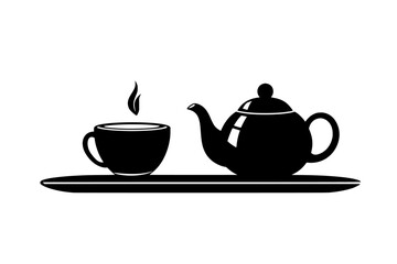 Teapot and a teacup filled with green tea on a wooden tray, vector illustration art