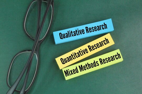 glasses and colored paper with the words Qualitative Research, Quantitative Research and Mixed Methods Research. Types of research. What are research methods