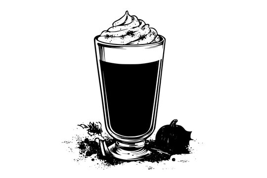 Tall glass of pumpkin spice latte with frothy top and spice garnish, vector illustration art