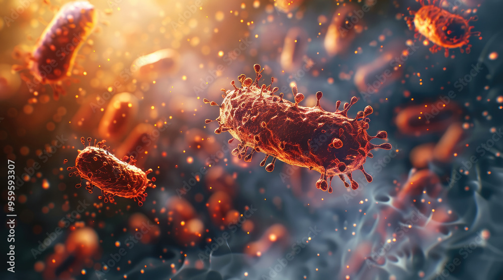 Poster A bacteria releasing toxins into a cell, with the toxins visible as tiny particles, highlighted in dark reds and oranges against a pale. Generative AI.