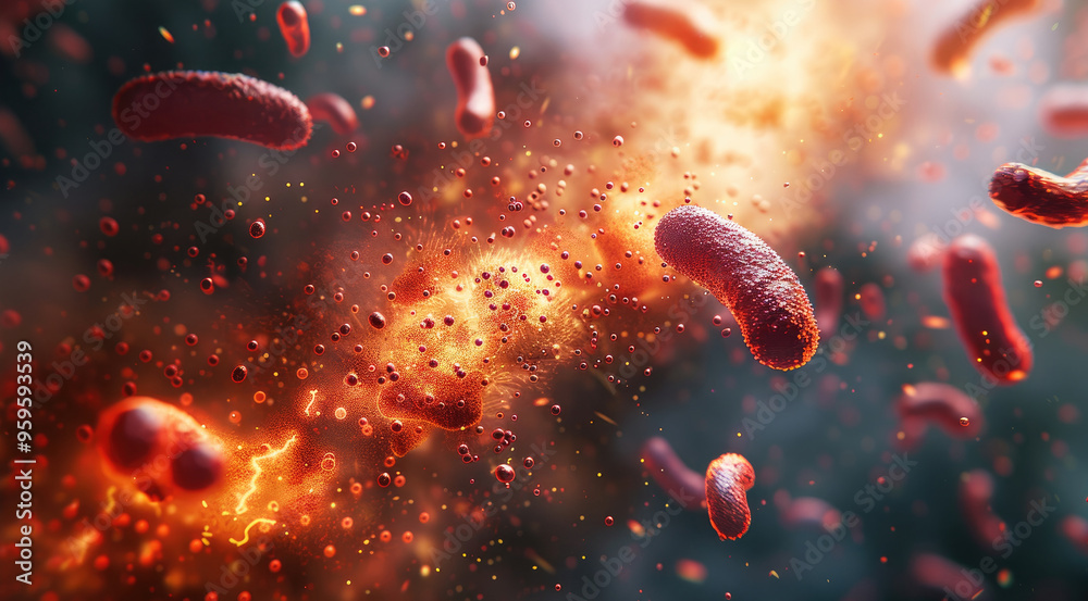 Poster A bacteria releasing toxins into a cell, with the toxins visible as tiny particles, highlighted in dark reds and oranges against a pale. Generative AI.