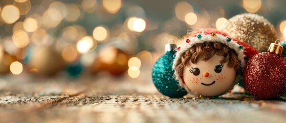 Obraz premium A cheerful Christmas decoration featuring a cute doll and colorful ornaments, perfect for holiday-themed artistic projects.