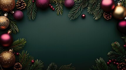 Fototapeta premium Festive Christmas decorations on dark green background with copy space in the middle, gold, purple, red, green. Generative AI.