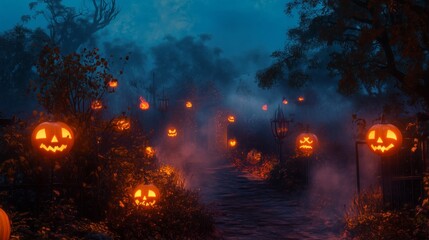 Spooky Halloween Garden Path with Glowing Jack-o'-Lanterns