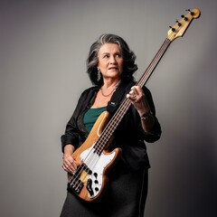 Obraz premium senion woman playing bass guitar, AI generated