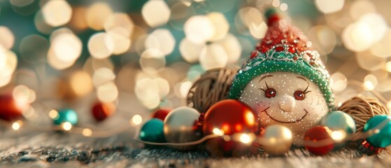 Obraz premium A festive Christmas ornament with a cheerful face, surrounded by colorful decorations and sparkling lights.